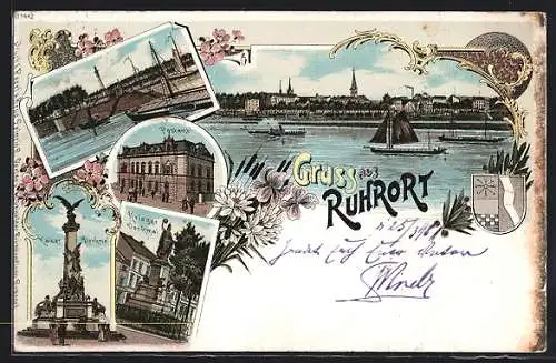 Lithographie Ruhrort, Panorama, Postamt, Krieger-Denkmal und Kaiser-Denkmal