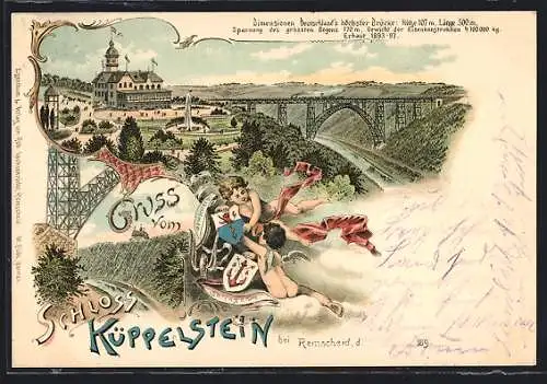 Lithographie Müngsten, Hotel und Brücke Küppelstein, Ortspartie