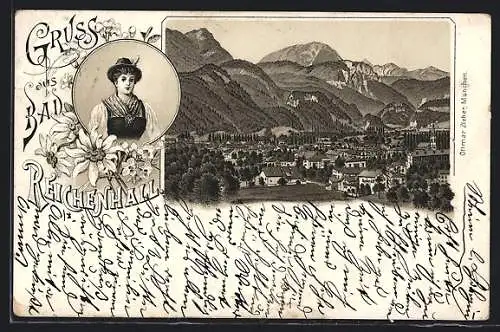 Lithographie Bad Reichenhall, Teilansicht mit Bergen, Frau in Tracht