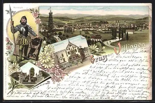 Lithographie Villingen / Baden, Ortsansicht mit Rathaus und Kriegerdenkmal