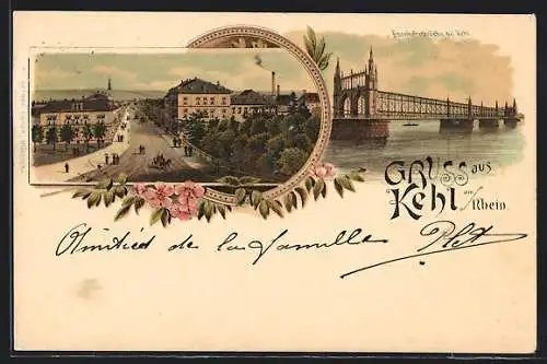 Lithographie Kehl, Rheinbrücke, Blick in eine Strasse
