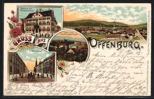 Lithographie Offenburg, Lehr- & Erziehungsanstalt, Bahnhofstrasse, Rathaus mit Drakedenkmal