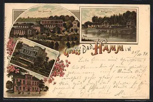 Lithographie Hamm / Westfalen, Ortspanorama, Rietzgarten, Silverberg, Feldhaus, Blumen, Um 1900