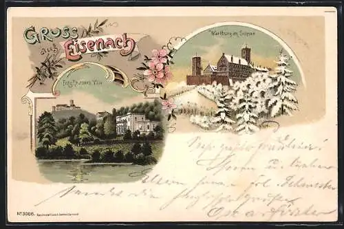 Winter-Lithographie Eisenach, Fritz Reuters Villa, Wartburg im Schnee