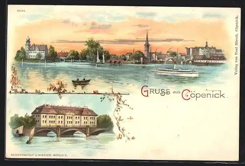 Lithographie Berlin-Köpenick, Ansicht vom Wasser bei Abendstimmung, Dampfer