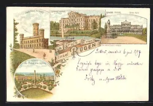 Lithographie Putbus, Schloss Putbus, Rückseite, Jagdschloss i. d. Granitz