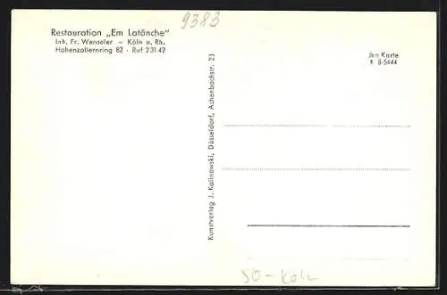 AK Köln-Neustadt, Gasthaus Em Latänche Franz Wenseler, Hohenzollernring 82, Innenansicht