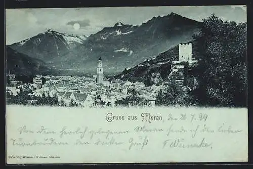 Mondschein-AK Meran, Ortsansicht mit zentraler Kirche