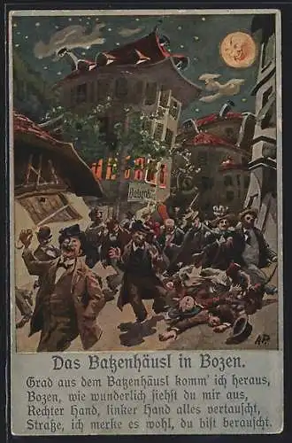 Künstler-AK Bozen, Gasthof Batzenhäusl aus der Sicht eines Betrunkenen