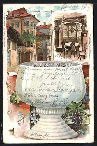Lithographie Bozen, Batzenhäusl, Innenansicht, Weinglas, Weinreben, Um 1900