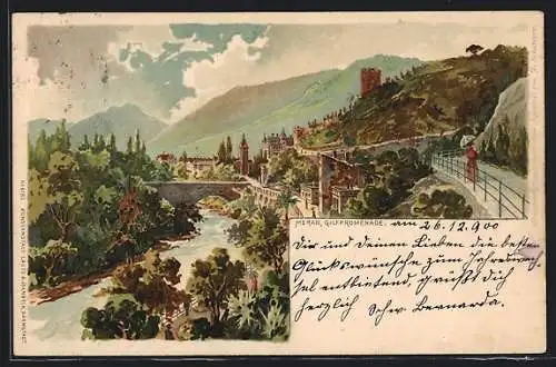 Lithographie Meran, Gilfpromenade mit Brücke und Bergpanorama