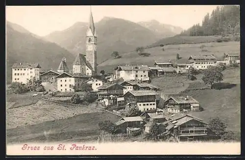AK St. Pankraz im Ultental, Ortsansicht mit Blick in die Ferne