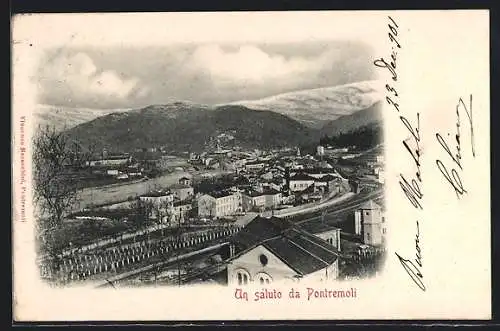 AK Pontremoli, Ortsansicht aus der Vogelschau, Blick auf die Berge