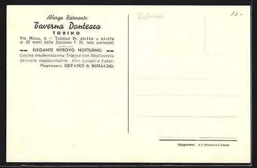 AK Torino, Albergo Ristorante Taverna Dantesca, Un Salone, Via Nizza 5, Propr. Depanis & Rinaldo