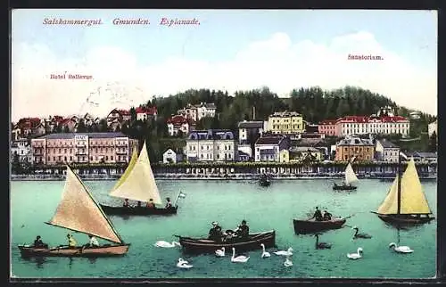 AK Gmunden, Salzkammergut, Esplanade mit Hotel Bellevue und Sanatorium
