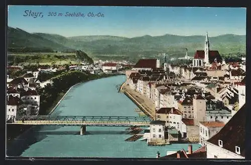 AK Steyr /Ob.-Oe., Flusspartie mit Brücke