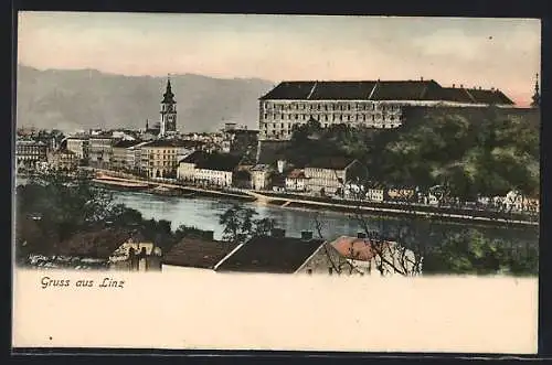 AK Linz, Flusspartie mit Kirchturm