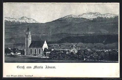 AK Maria Absam, Ortsansicht gegen Bergpanorama