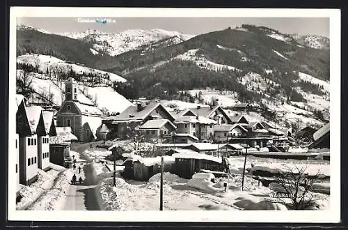 AK Wagrain, Ortspartie im Schnee gegen Grieskareck