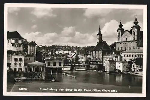 AK Steyr /Oberdonau, Einmündung der Steyr in die Enns