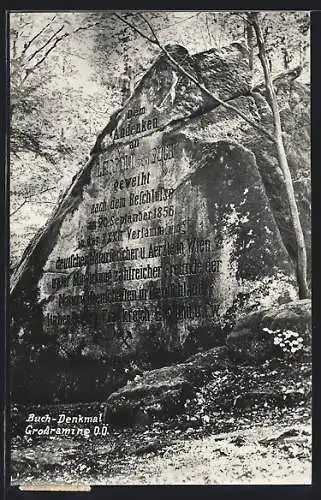 AK Grossraming /O. Ö., Buch-Denkmal auf Felsen