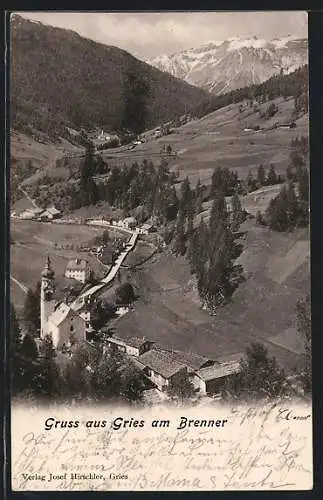 AK Gries am Brenner, Ortsansicht mit Kirche aus der Vogelschau