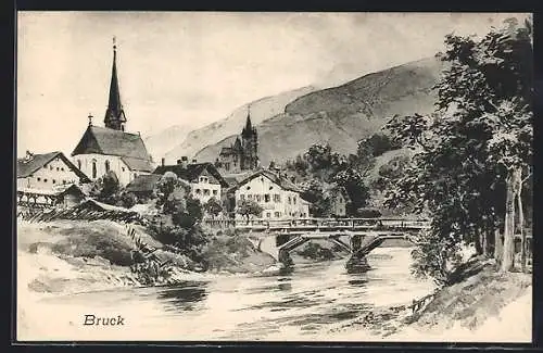 Künstler-AK Bruck /Pinzgau, Blick über den Fluss zum Ort