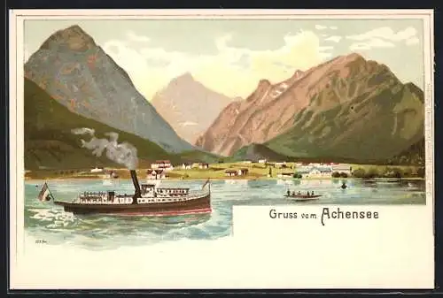 Lithographie Achensee, Ortsansicht am See mit Bergen und Dampfer