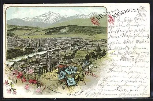 Lithographie Innsbruck, Stadtpanorama vom Berg gesehen