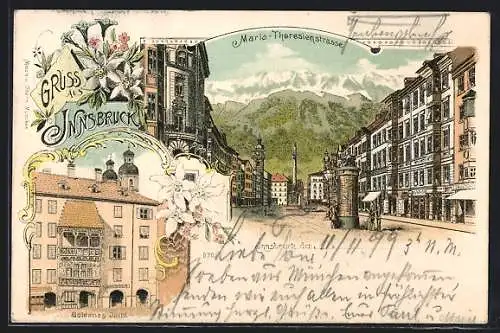 Lithographie Innsbruck, Maria-Theresienstrasse und Goldenes Dachl