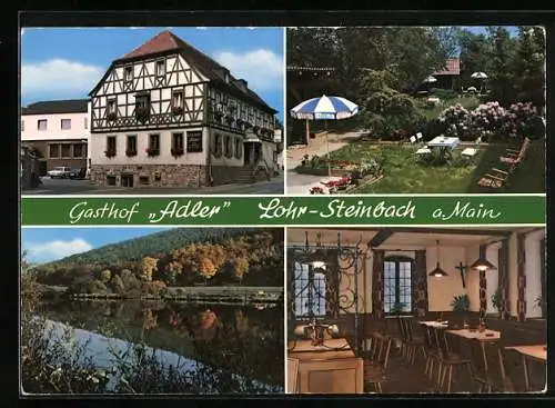 AK Lohr- Steinbach a. Main, Gasthof- Pension Adler, Strassenpartie mit Briefkasten, Garten mit Sonnenschirm