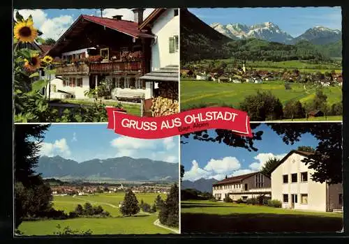 AK Ohlstadt /Bayr. Alpen, Oberbayer. Bauerhaus, Kuranstalt, Ort gegen Zugspitzgruppe