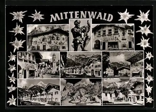 AK Mittenwald, Frescomalereien, Obermarkt, Strassenpartie mit Café-Konditorei