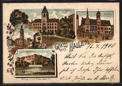 Lithographie Halle a. S., Blick auf Moritzburg, Kaiserl. Postamt, Leipziger Turm und Rathaus