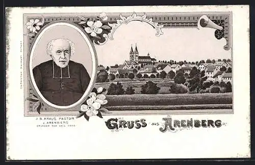 Lithographie Arenberg, Pastor J. B. Kraus Portrait, Totalansicht mit Kirche