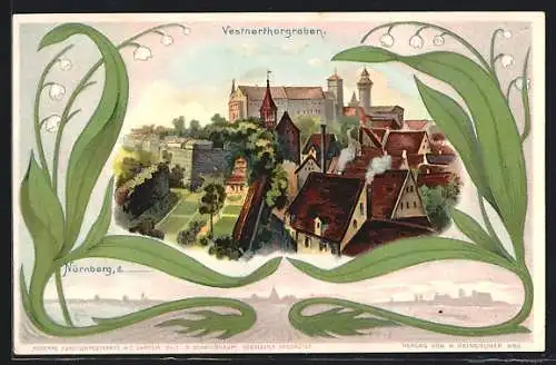 Passepartout-Lithographie Nürnberg, Partie am Vestnerthorgraben, Maiglöckchen