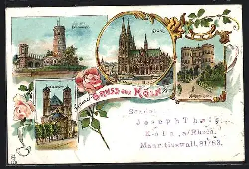 Lithographie Köln, St. Gereon, alte Bottmühle, Dom, Hahnentor