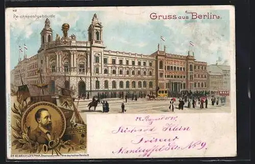 Lithographie Berlin, Passanten vor dem Reichspostgebäude