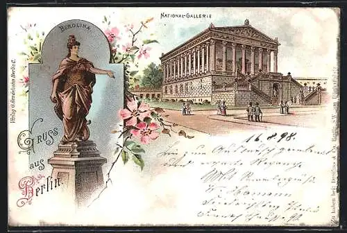 Lithographie Berlin, die National Gallerie, Berolina Denkmal