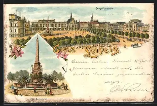 Lithographie Leipzig, Augustusplatz mit Strassenbahn, Mendelbrunnen