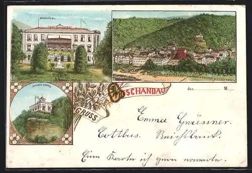 Lithographie Schandau, Badhotel, Schloss-Bastei, Teilansicht