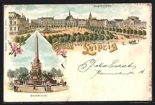 Lithographie Leipzig, Augustusplatz, Mendebrunnen