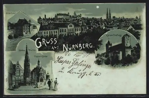 Mondschein-Lithographie Nürnberg, Kaiser-Stallung, Dürerhaus, Schöner Brunnen und Frauenkirche