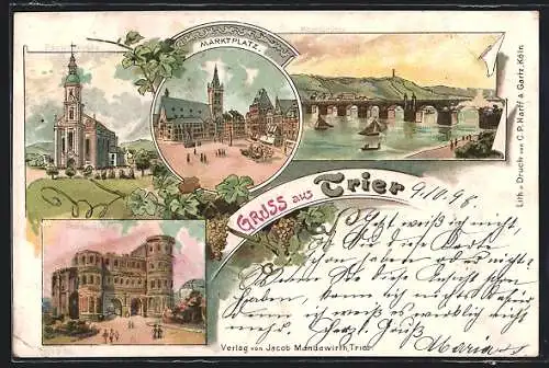 Lithographie Trier, Paulinskirche, Marktplatz, Porta nigra