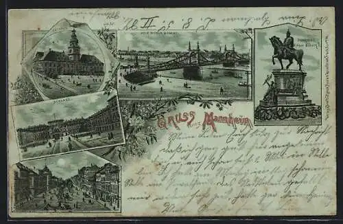 Mondschein-Lithographie Mannheim, Rathaus, Schloss, Neue Neckar-Brücke