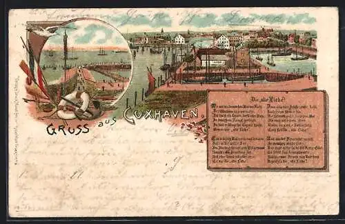 Lithographie Cuxhaven, Teilansicht mit Hafen