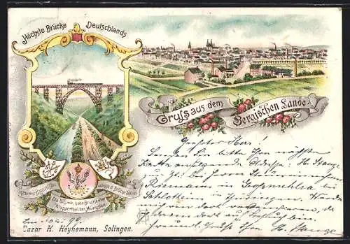 Lithographie Solingen, Brücke mit Eisenbahn, Ortspanorama