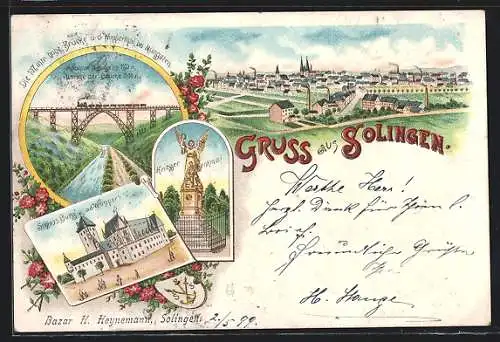 Lithographie Solingen, Schloss Burg a. d. Wupper, Brücke über das Wupperthal bei Müngsten, Krieger-Denkmal