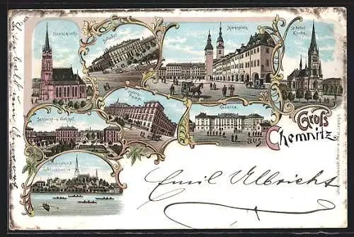 Lithographie Chemnitz, Schlacht- & Viehhof, Nicolaikirche, Bahnhof, Marktplatz, Justiz-Palast, St. Petrikirche, Kaserne