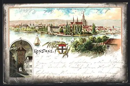 Lithographie Konstanz, Totalansicht mit Münster, Schnetztor, Wappen